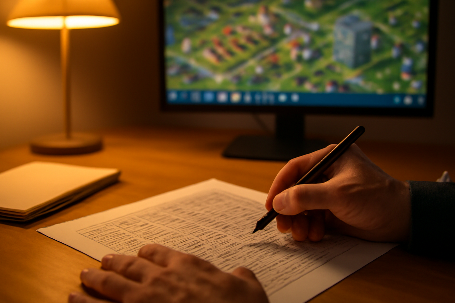 Pemain mencatat angka keuangan di kertas sambil memantau panel ekonomi game simulasi di monitor