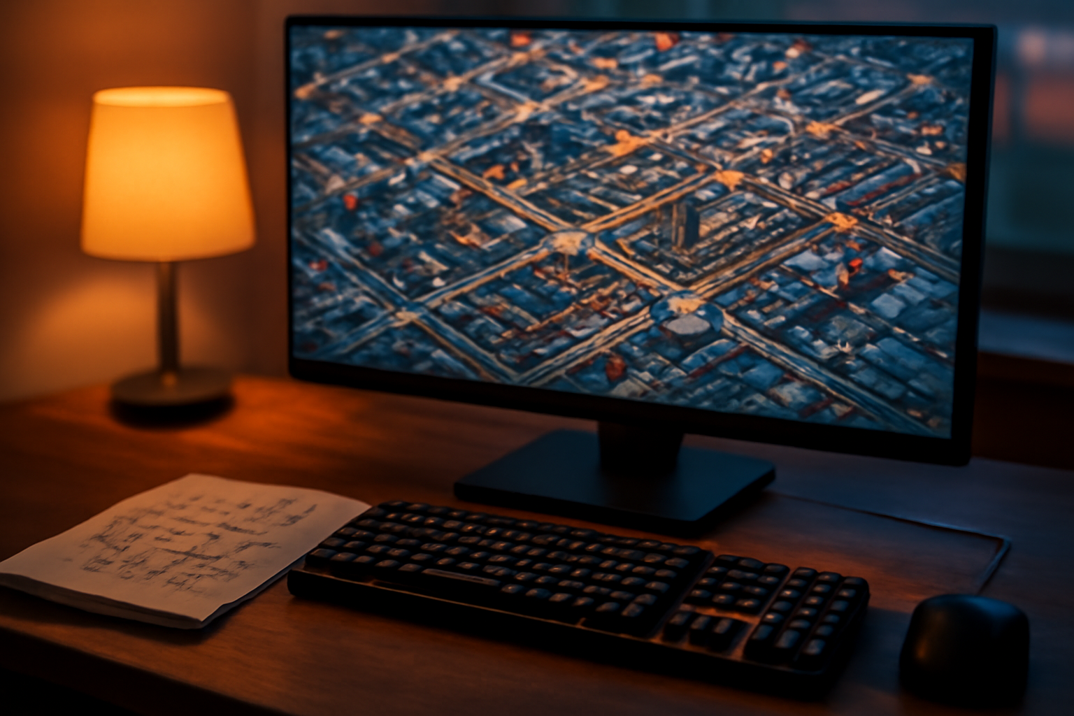 Meja bermain game dengan monitor menampilkan peta kota dan catatan alur produksi di samping keyboard