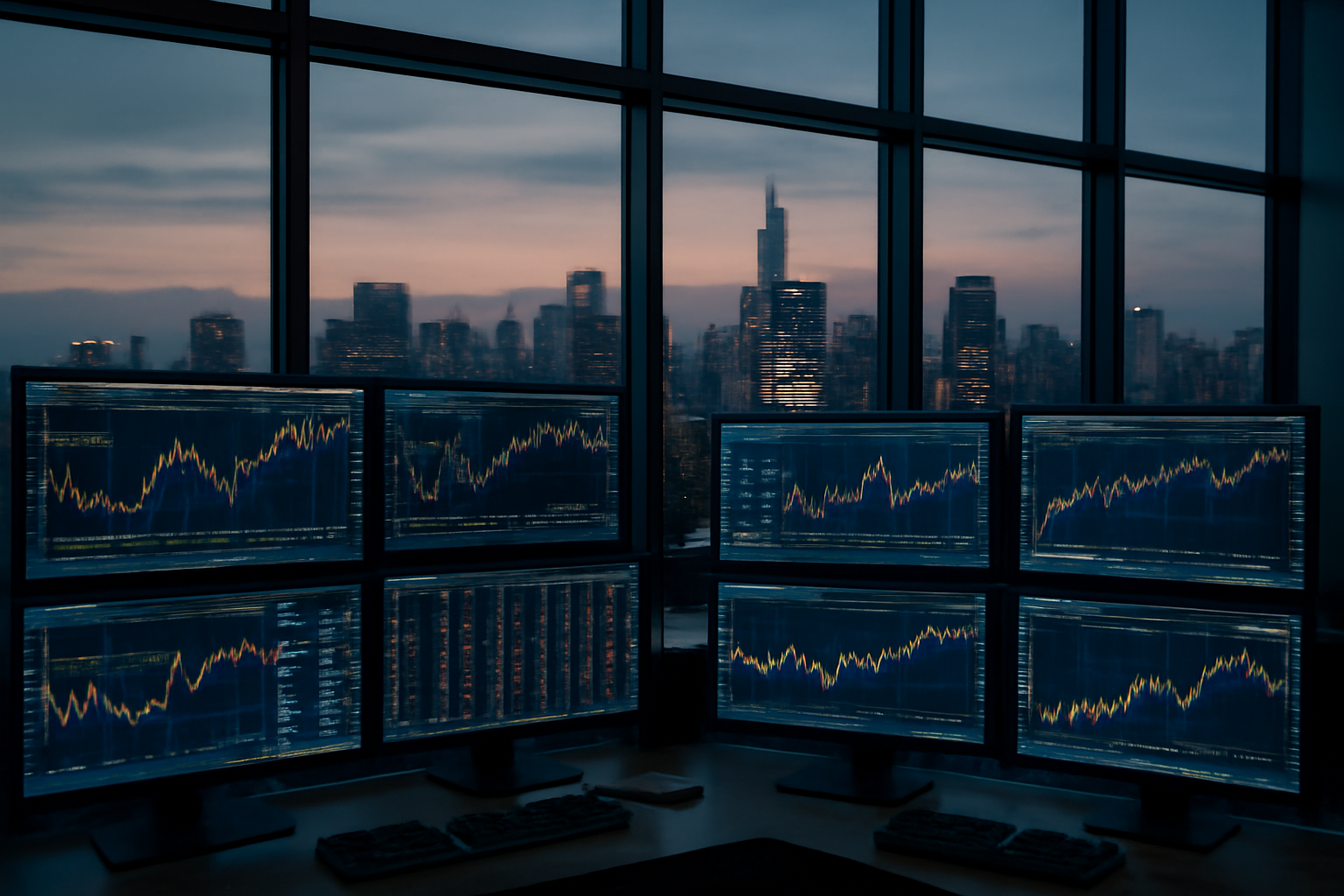 Ilustrasi suasana pasar saham dengan grafik fluktuasi harga di layar monitor