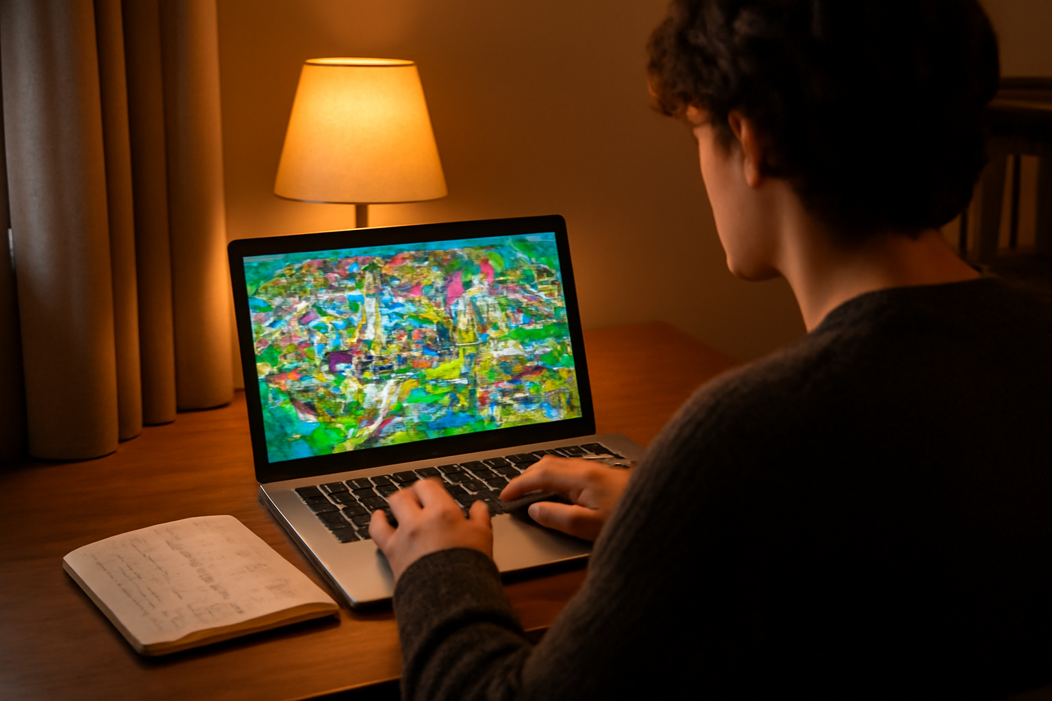 Pemain game simulasi ekonomi sedang mencatat angka di buku sambil melihat layar laptop